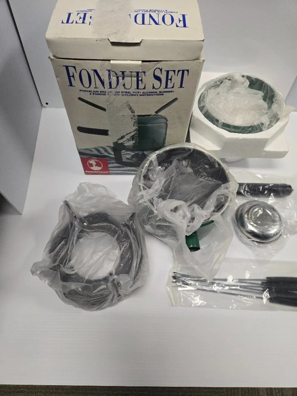 Rare Hunter Green Roshco Porcelain Enamel Fondue Pot Set 58901 Vintage Green